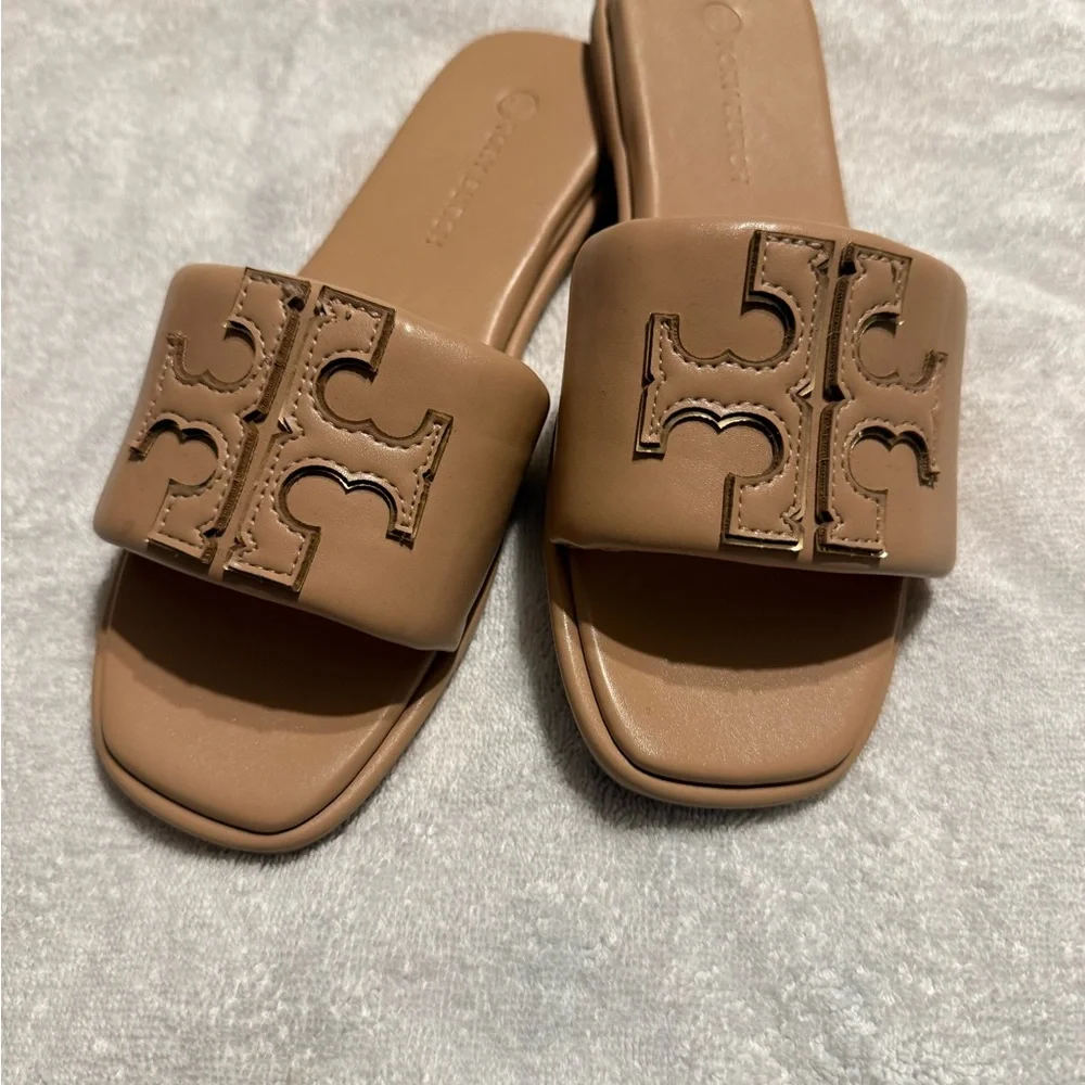 Tory Burch Cognac Leather Logo Slide Sandals